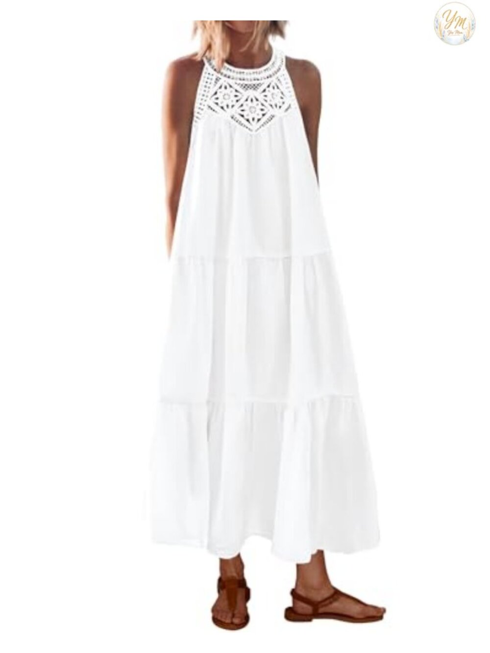 Women's Boho Halter Maxi Dress Cotton Blend Tiered Sleeveless Summer Sundress